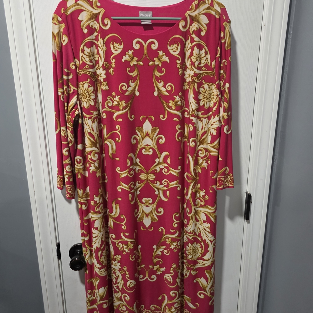 Chico's Vibrant Pink and Gold Patterned Dress